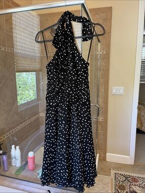 Black Polka Dot Halter Midi Dress